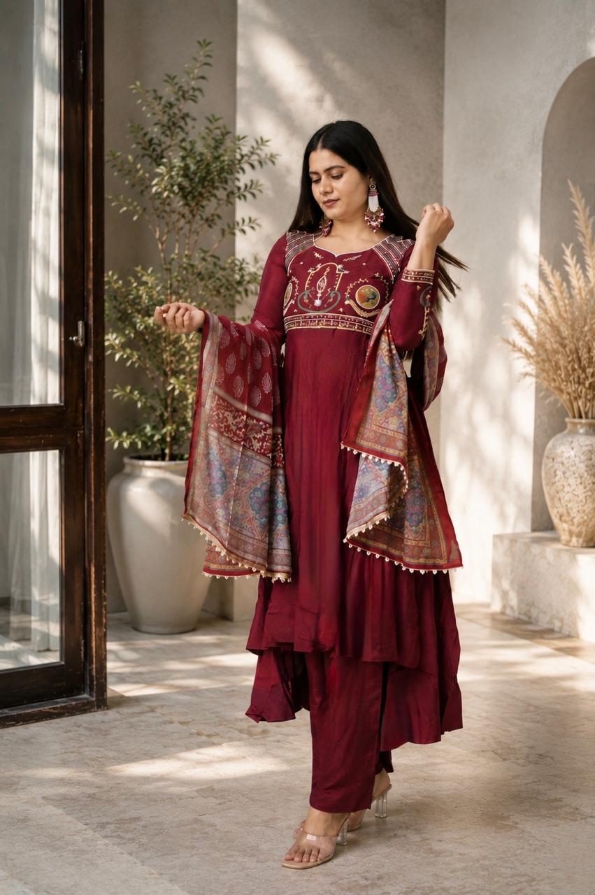 Maroon Printed Anarkali Suit with Embroidered Bodice