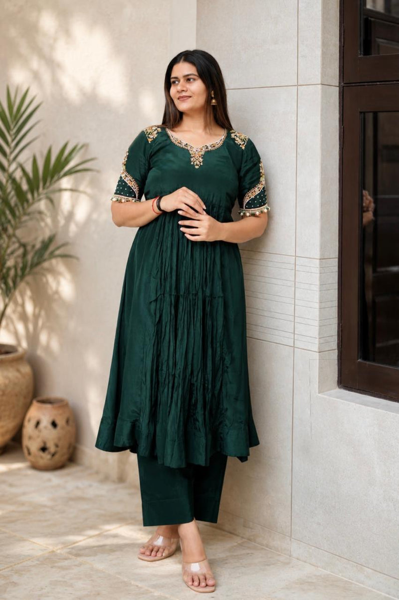 Emerald green embroidered Anarkali kurta set with matching pants