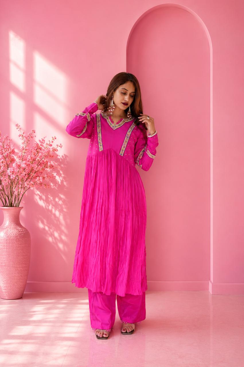 Pink Embroidered Anarkali Suit with Palazzo & Dupatta
