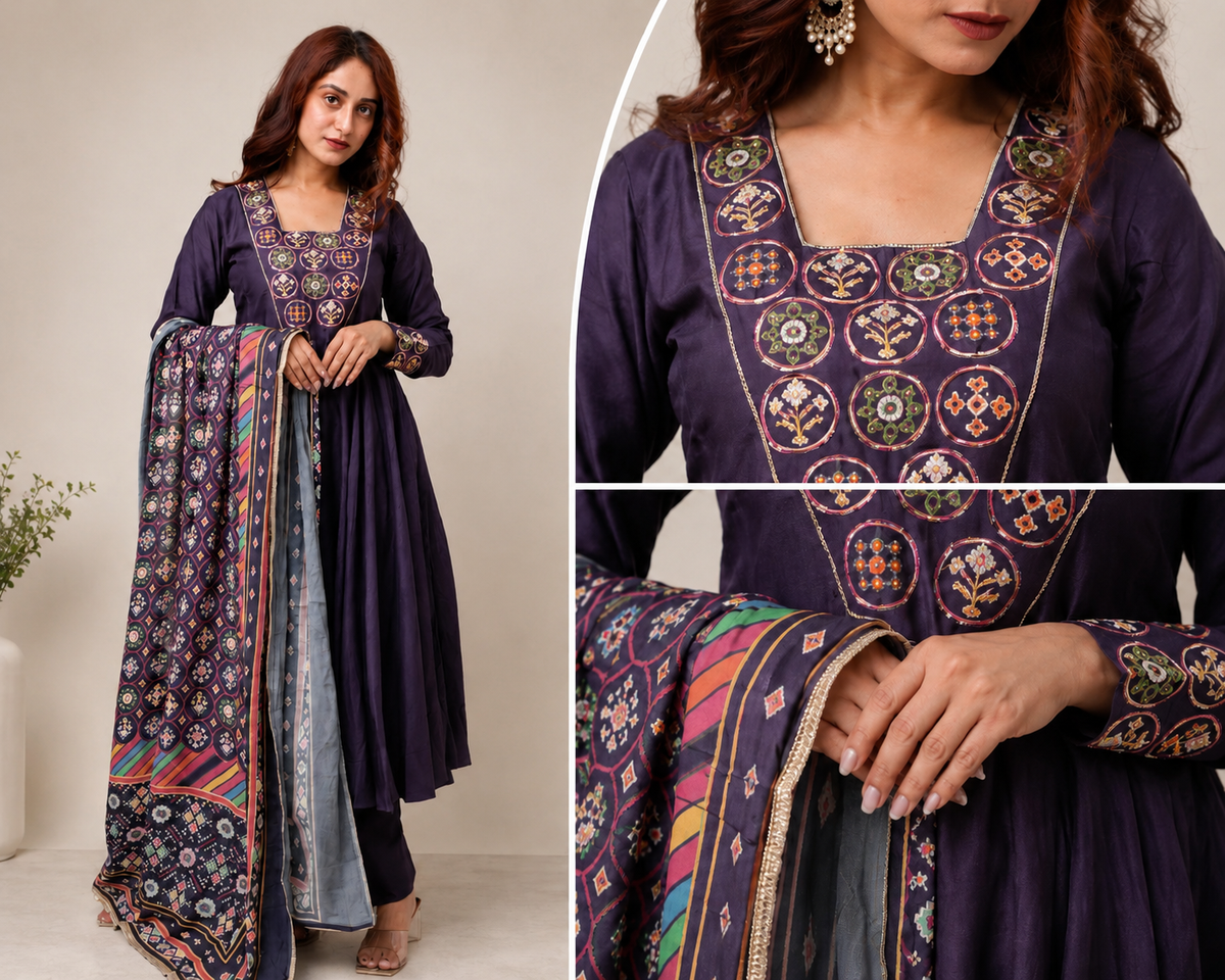 Royal Purple Embroidered Anarkali Suit with Printed Dupatta