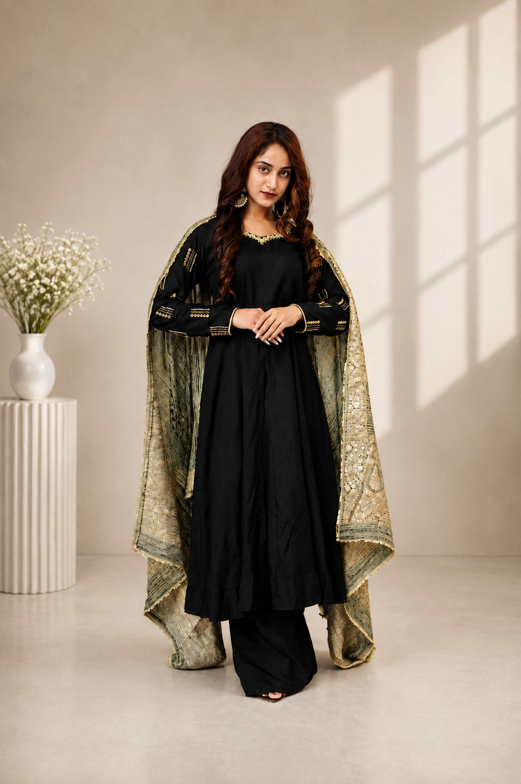 Black Embroidered Suit Set with Olive Green Dupatta