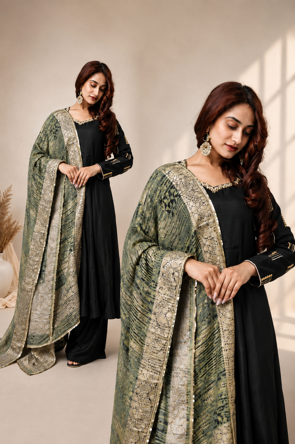 Black Embroidered Suit Set with Olive Green Dupatta