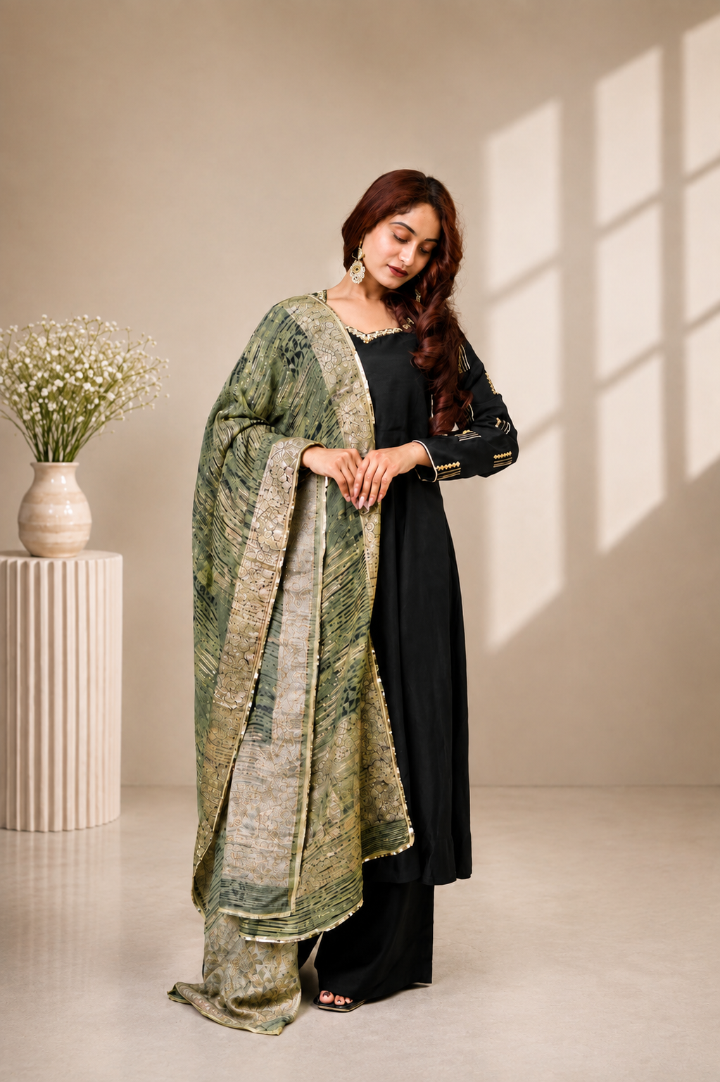 Black Embroidered Suit Set with Olive Green Dupatta