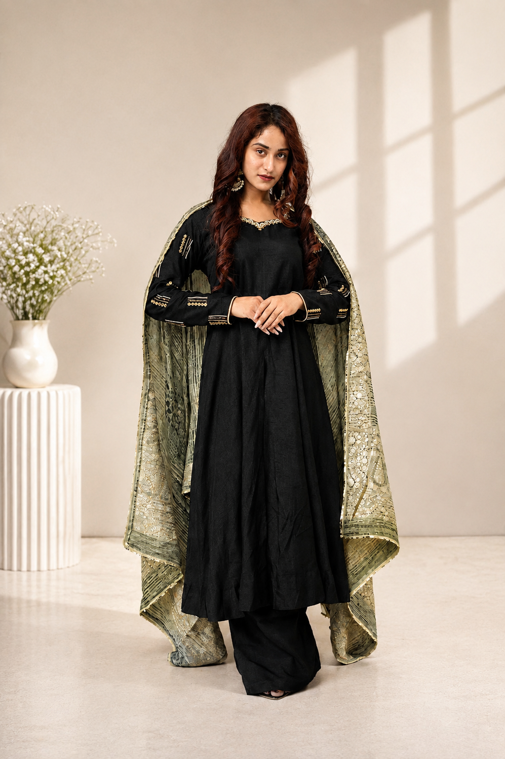 Black Embroidered Suit Set with Olive Green Dupatta