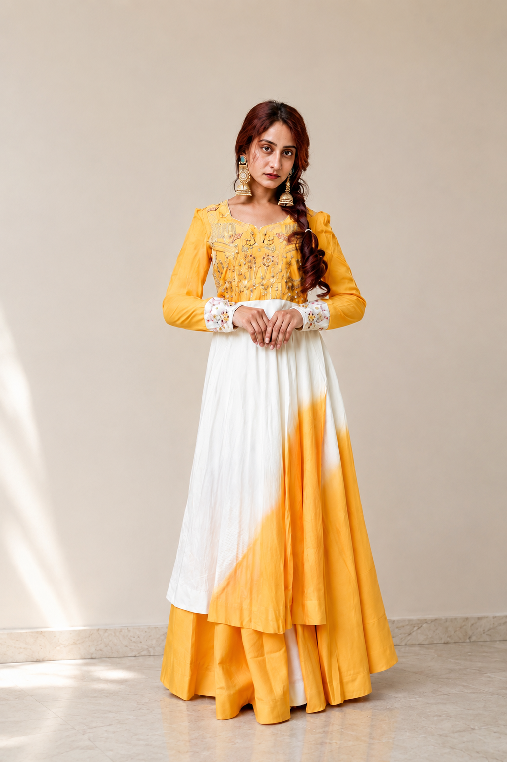 Mustard Yellow Embroidered Anarkali Dress with White Dupatta
