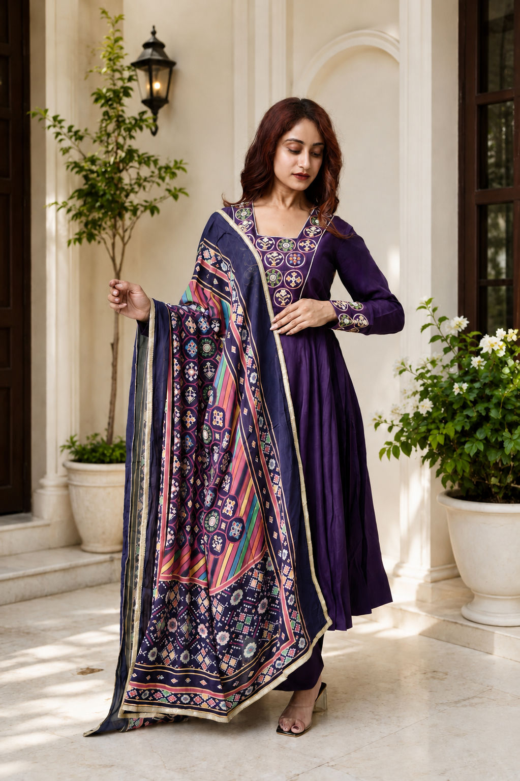 Royal Purple Embroidered Anarkali Suit with Printed Dupatta