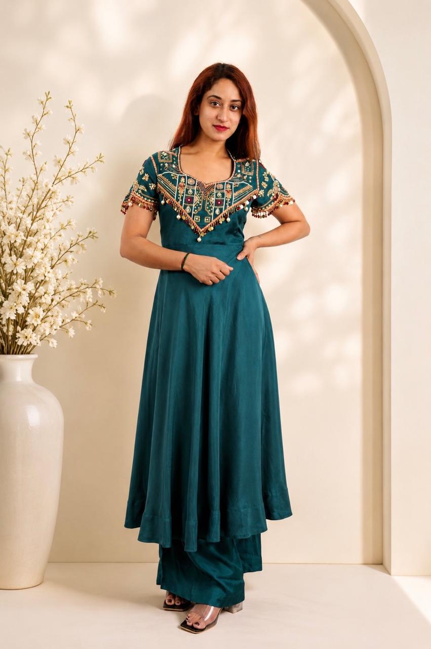 Teal Blue Embroidered Anarkali Dress