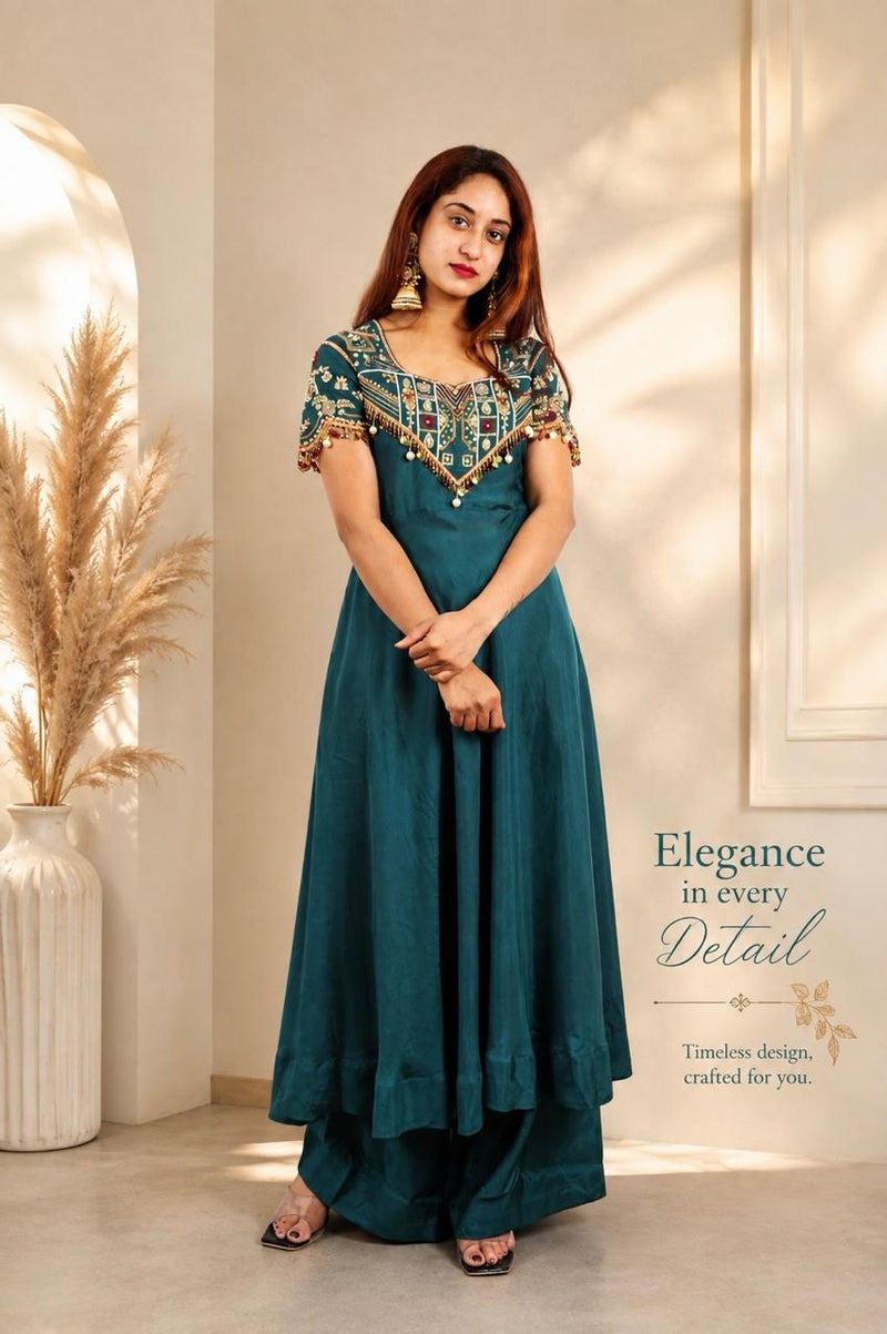 Teal Blue Embroidered Anarkali Dress