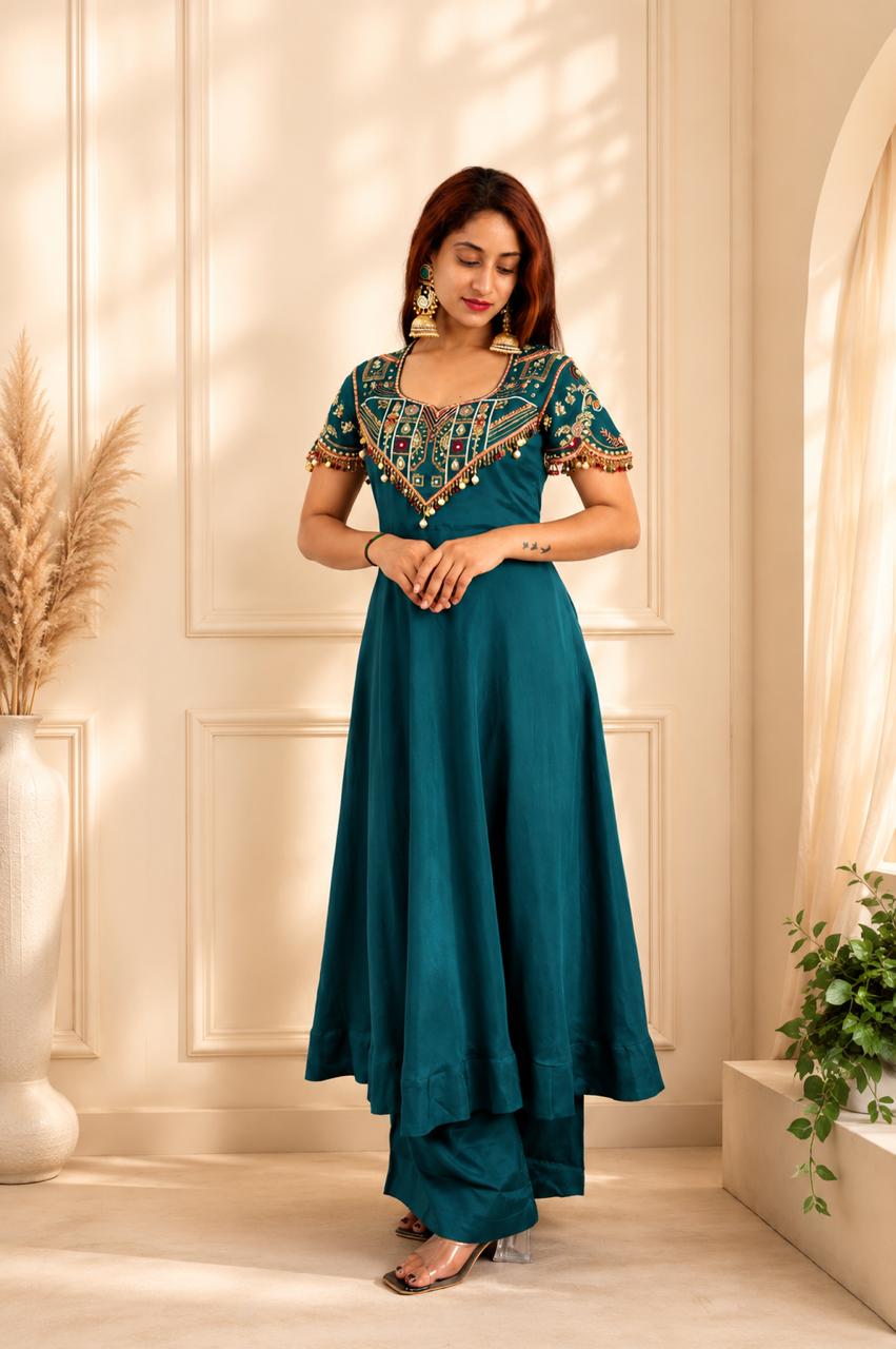Teal Blue Embroidered Anarkali Dress