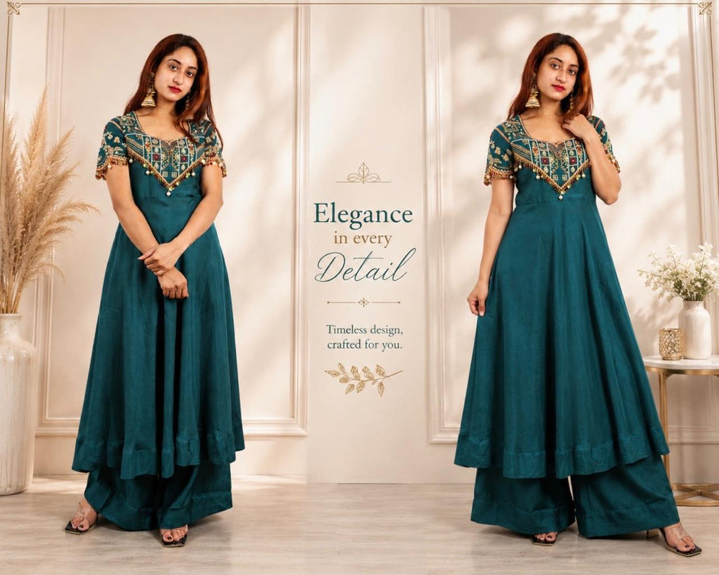 Teal Blue Embroidered Anarkali Dress