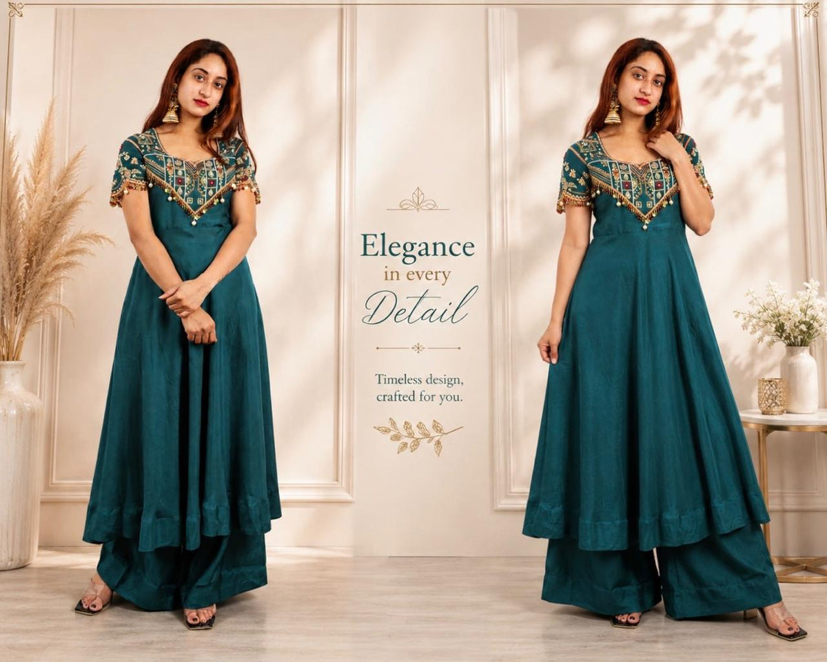 Teal Blue Embroidered Anarkali Dress
