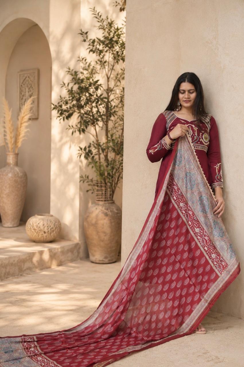 Maroon Printed Anarkali Suit with Embroidered Bodice