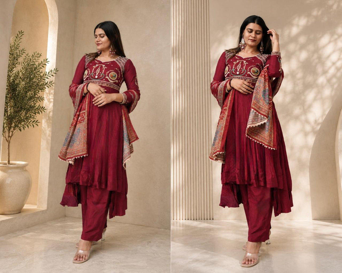 Maroon Printed Anarkali Suit with Embroidered Bodice