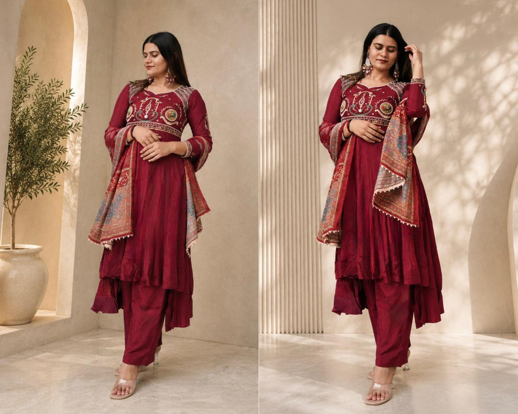 Maroon Printed Anarkali Suit with Embroidered Bodice