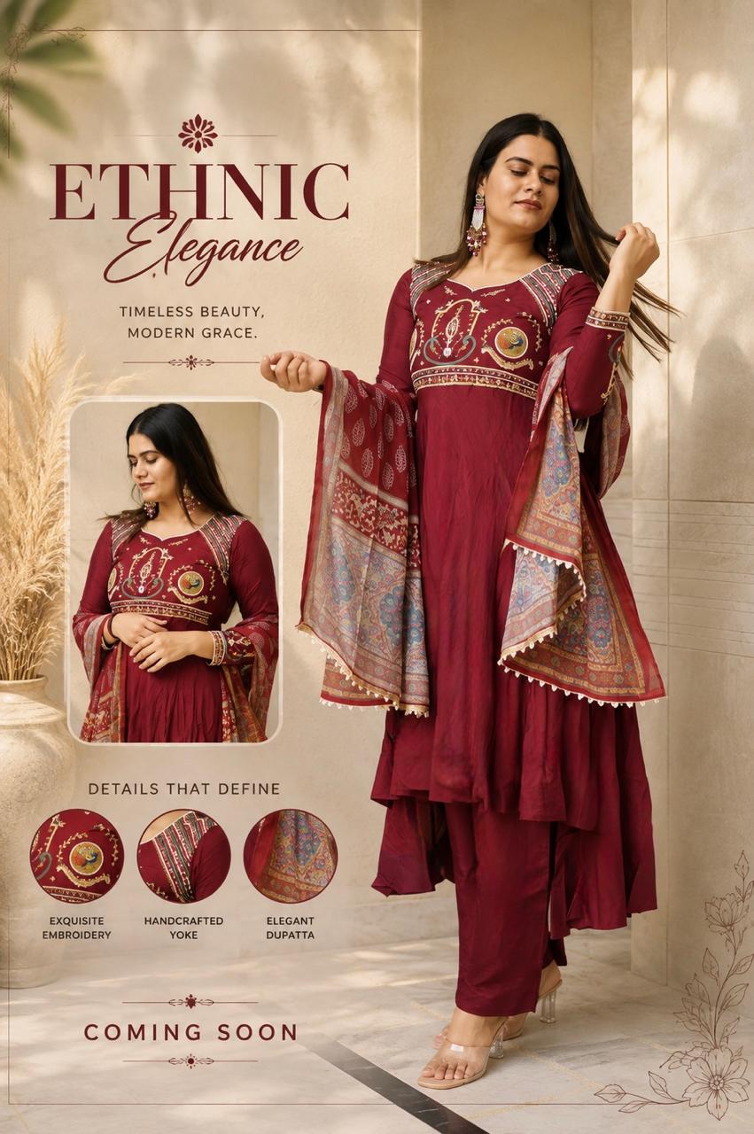 Maroon Printed Anarkali Suit with Embroidered Bodice