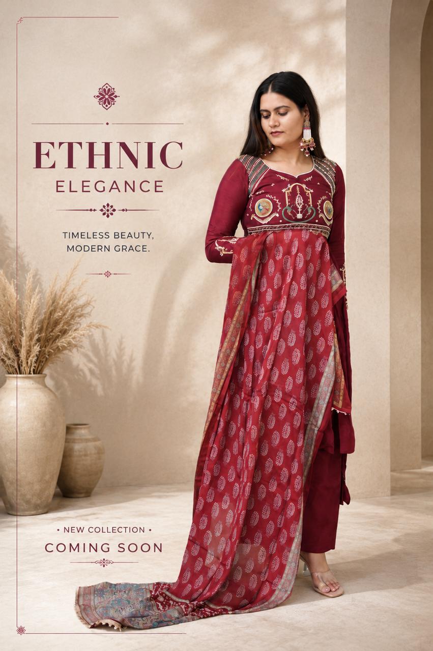 Maroon Printed Anarkali Suit with Embroidered Bodice