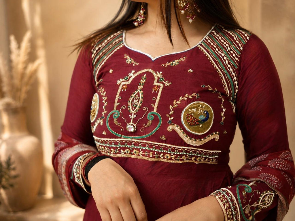 Maroon Printed Anarkali Suit with Embroidered Bodice