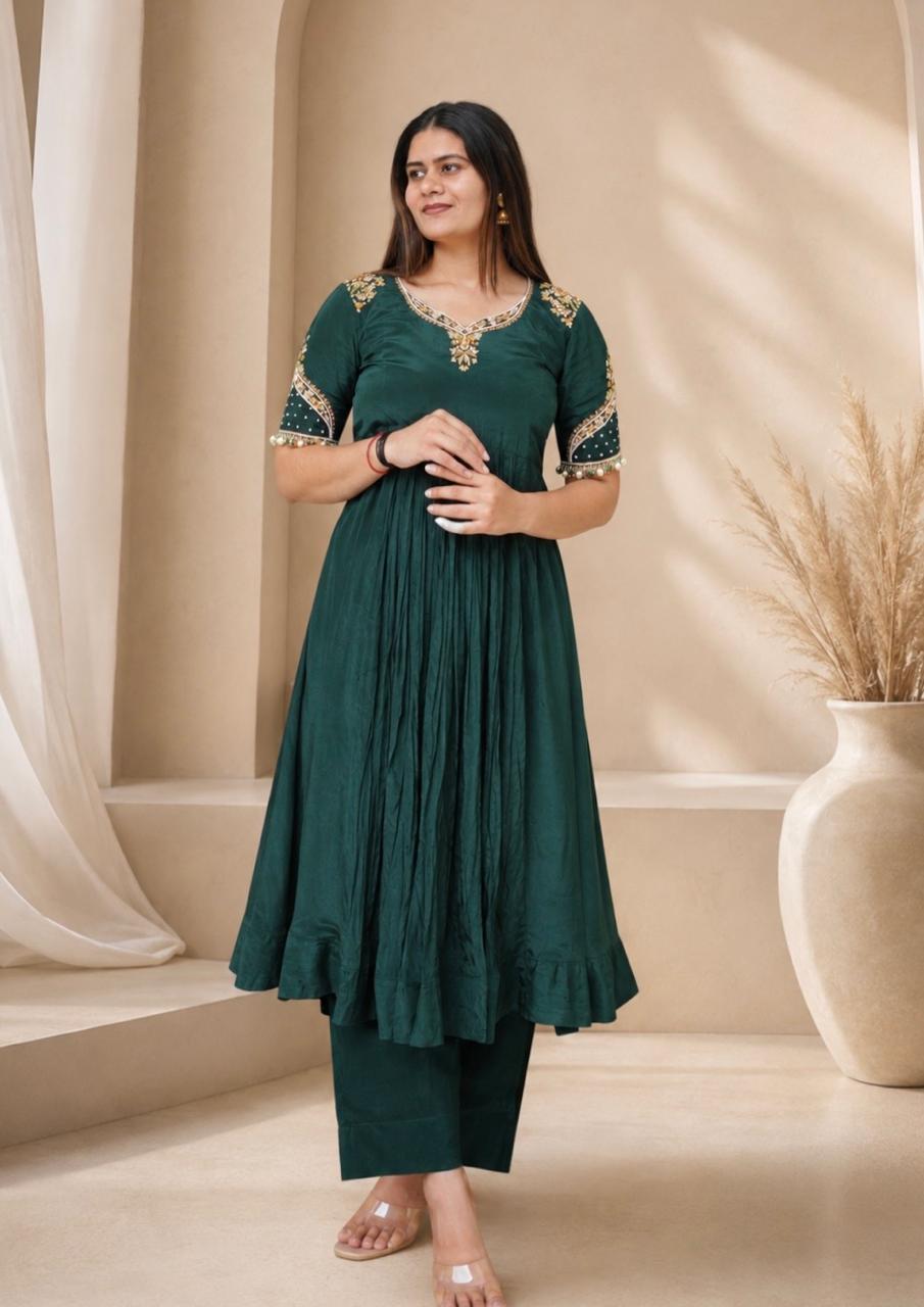 Emerald green embroidered Anarkali kurta set with matching pants