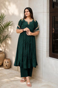 Emerald green embroidered Anarkali kurta set with matching pants