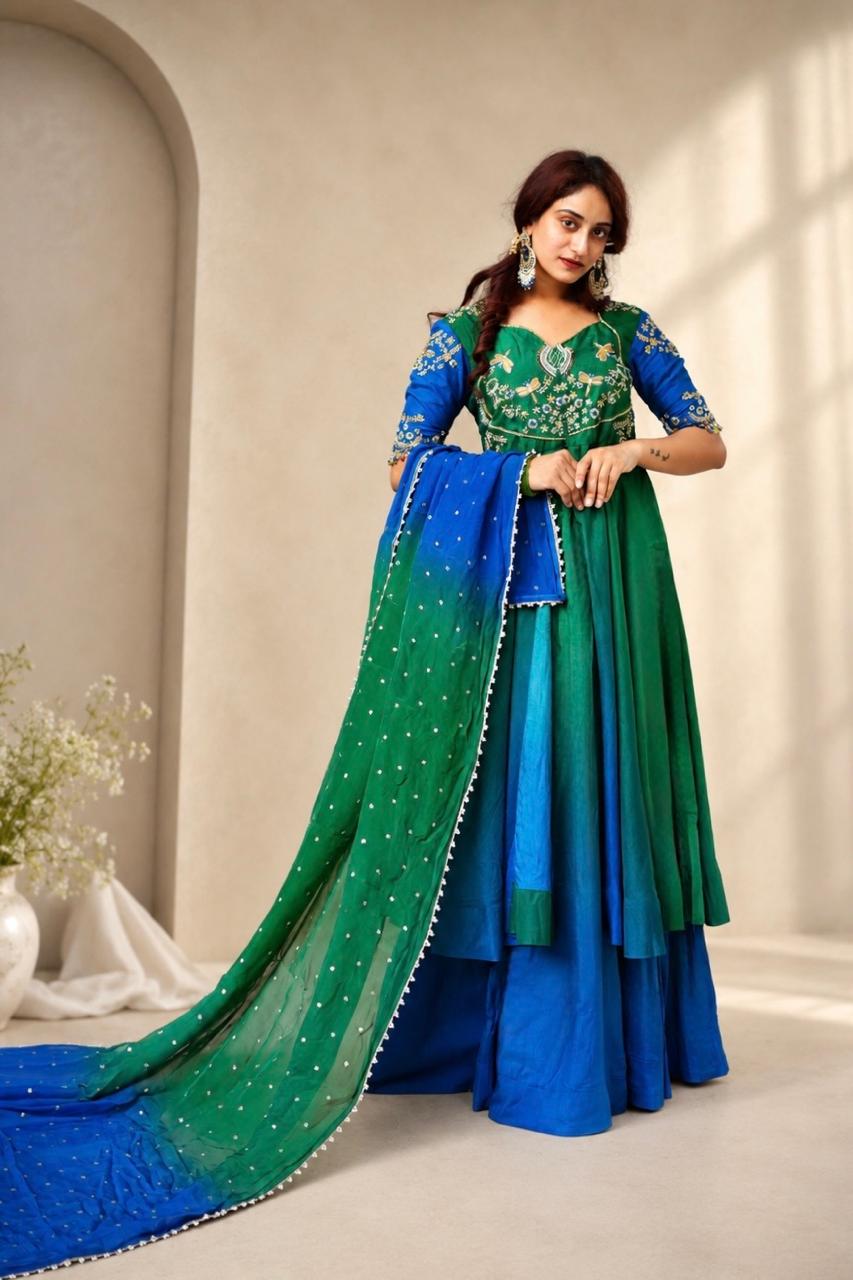 Royal blue and green embroidered Anarkali suit with dual-tone dupatta