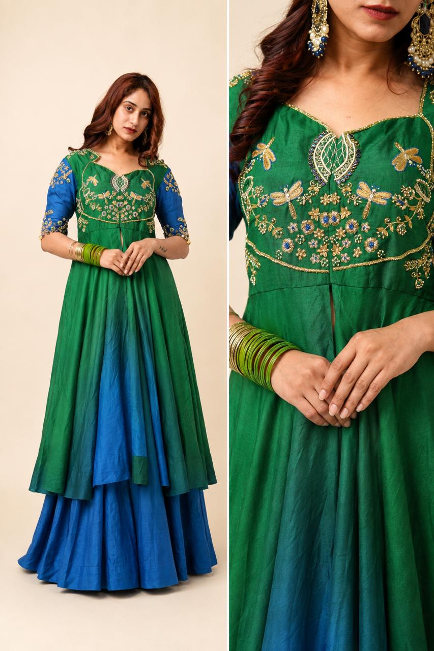Royal blue and green Anarkali suit with floral embroidered bodice detail