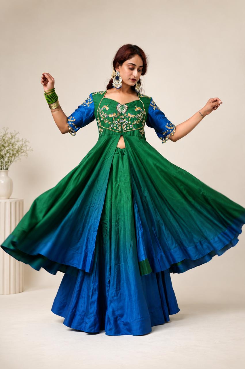 Royal blue and green embroidered Anarkali suit showing full flared silhouette