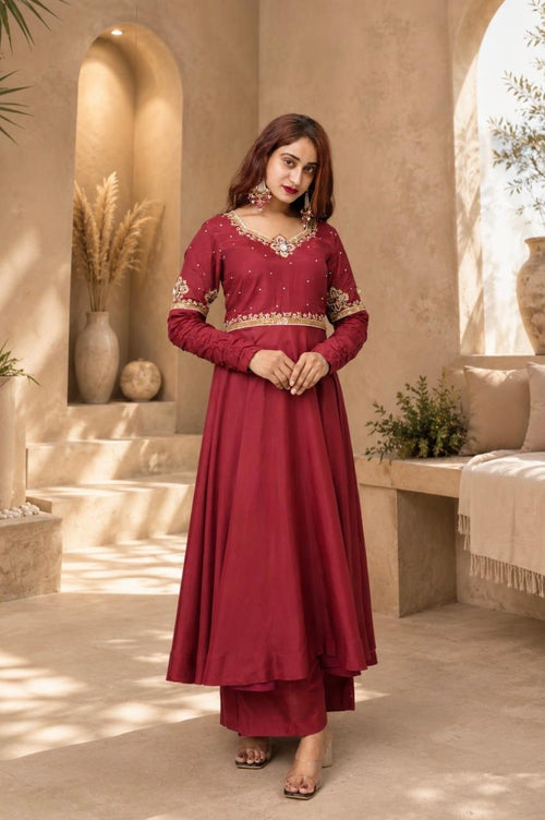 Wine maroon embroidered Anarkali suit for women with gold detailing