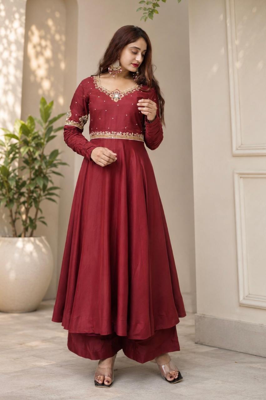 Wine maroon Anarkali suit with gold embroidery and matching palazzo pants
