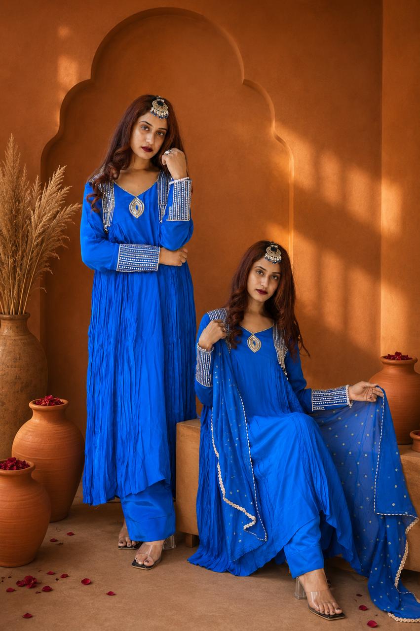 Royal blue embroidered Anarkali suit with matching dupatta for festive wear