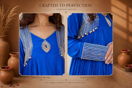Royal blue embroidered Anarkali suit neckline and sleeve detail