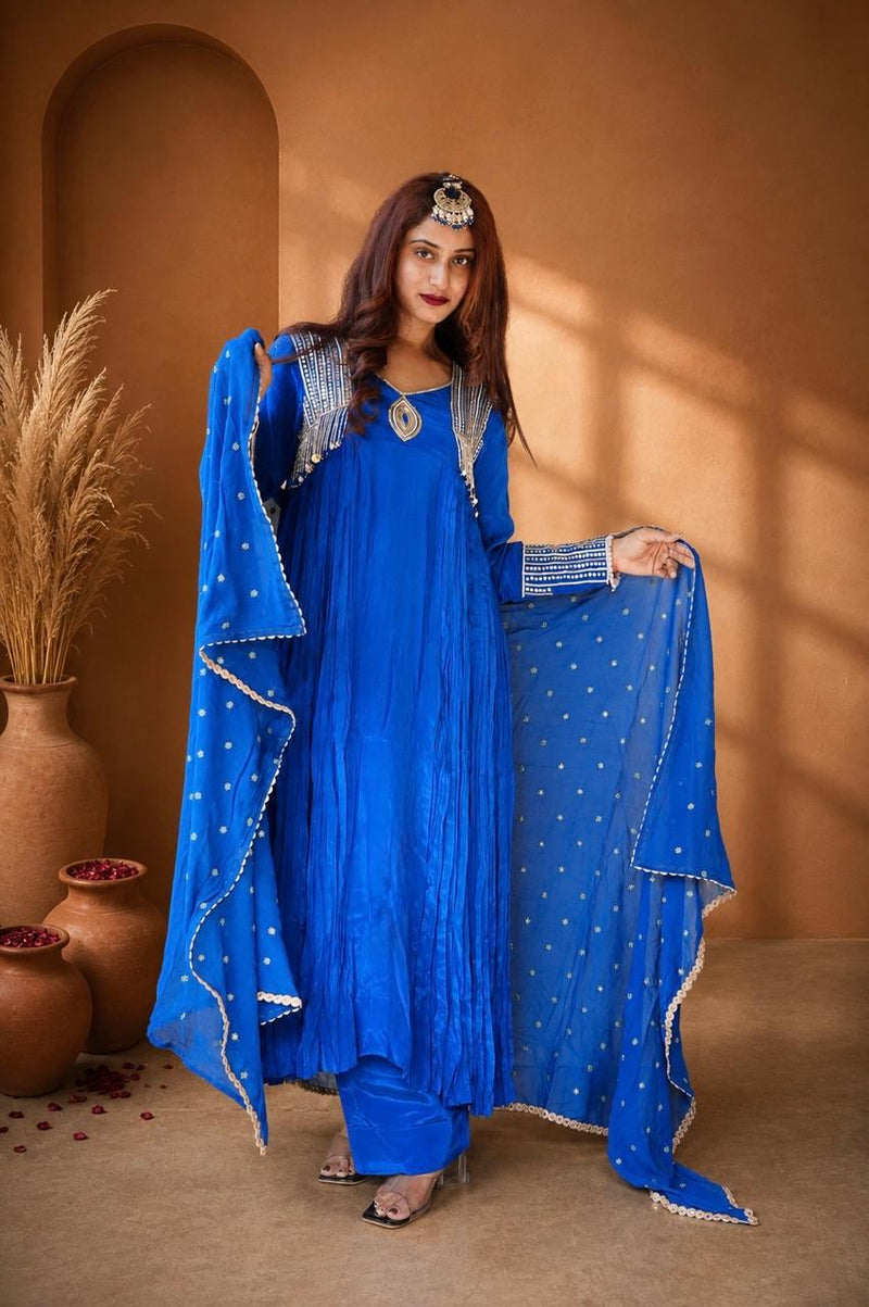 Royal blue embroidered Anarkali suit with matching dupatta for women