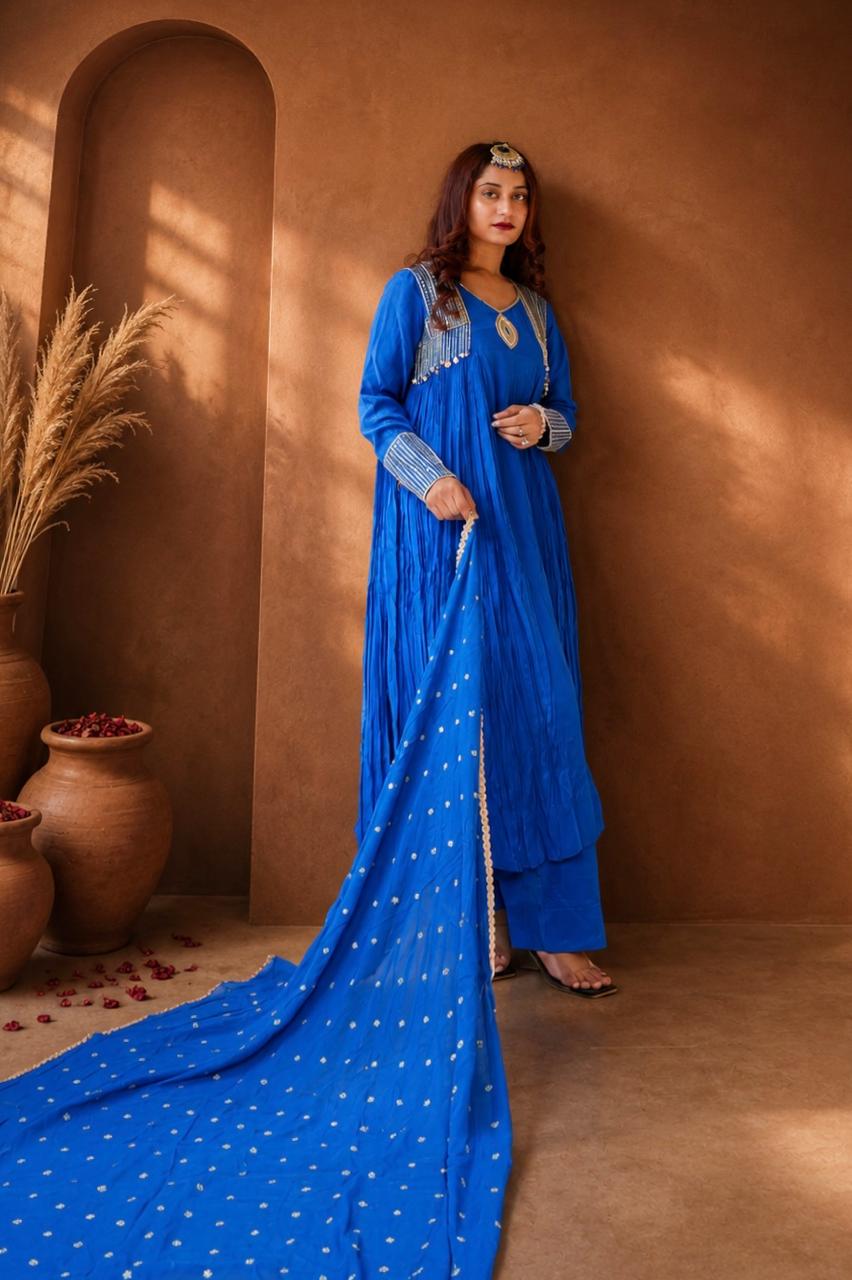 Royal blue embroidered Anarkali suit with flowing matching dupatta
