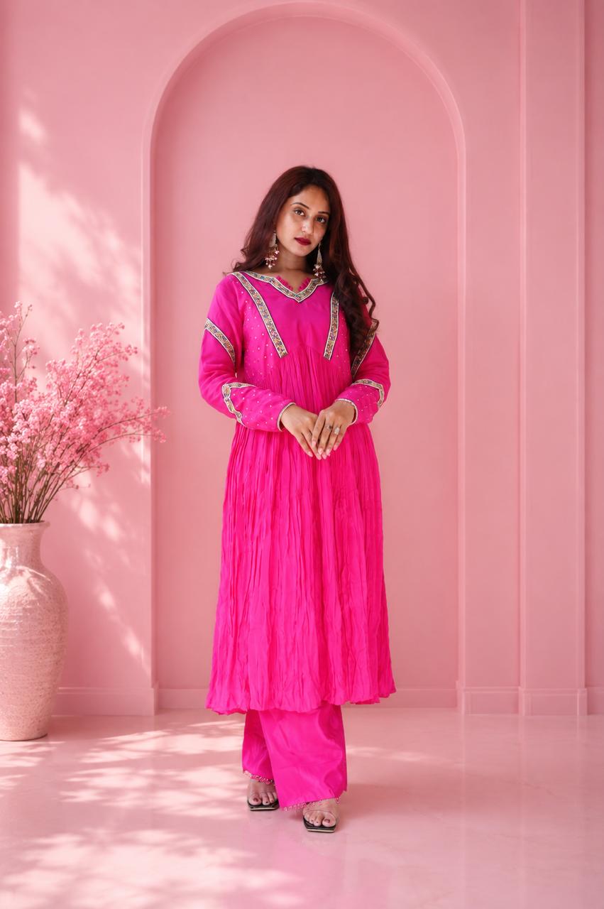 Pink embroidered Anarkali suit with palazzo and dupatta for women