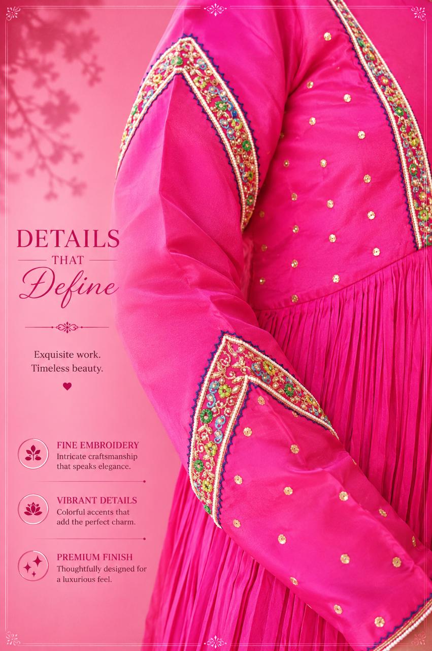 Pink Anarkali suit close-up showing multicolor embroidered sleeve and gold detailing