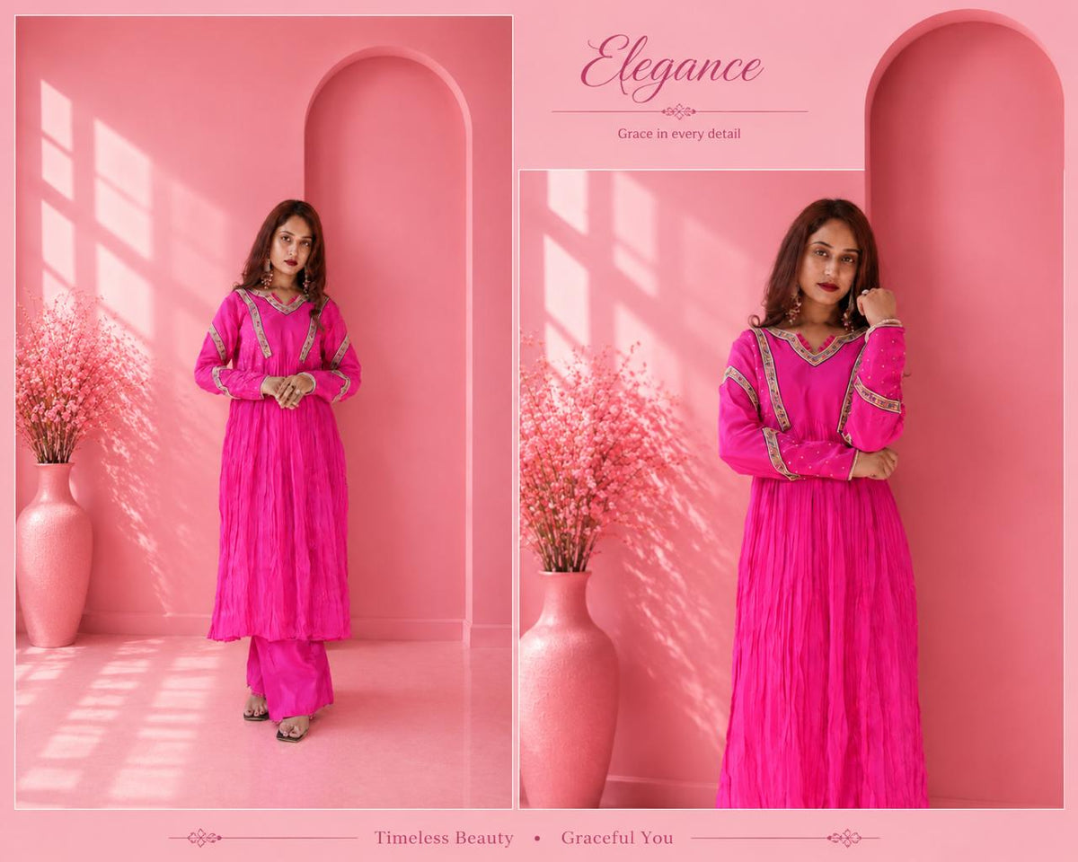 Pink embroidered Anarkali suit with palazzo showing full look and embroidery details