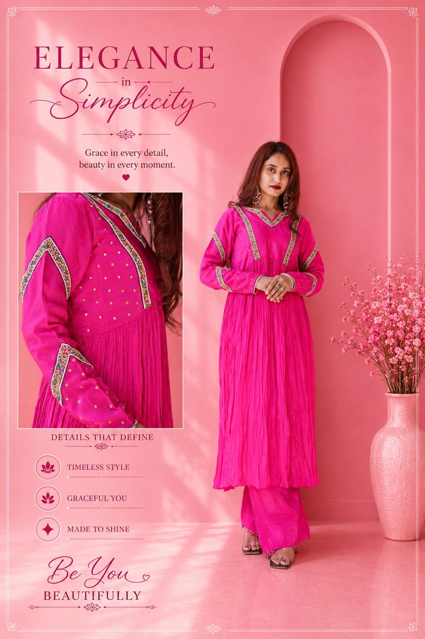 Pink embroidered Anarkali suit with palazzo featuring close-up sleeve and neckline details