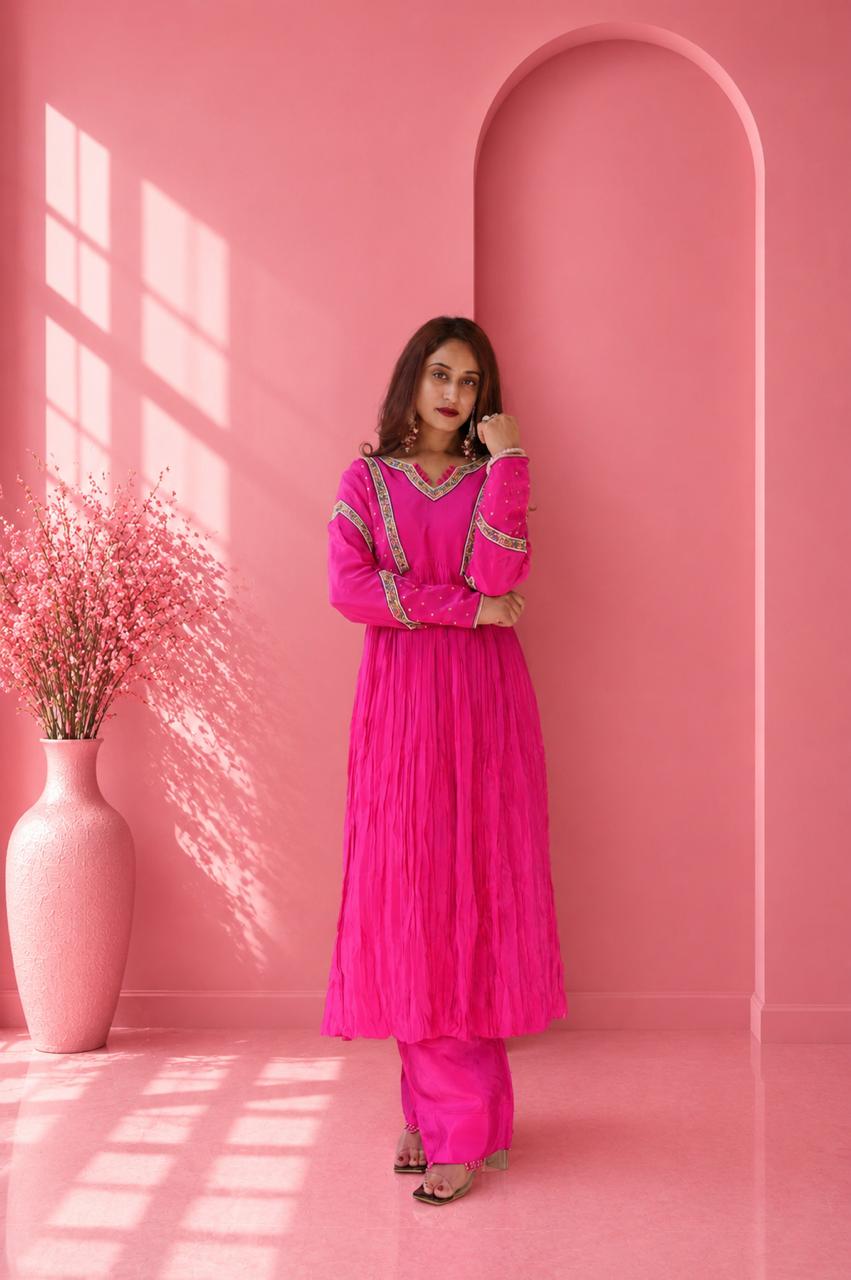 Pink embroidered Anarkali suit with palazzo for women showcasing elegant front design