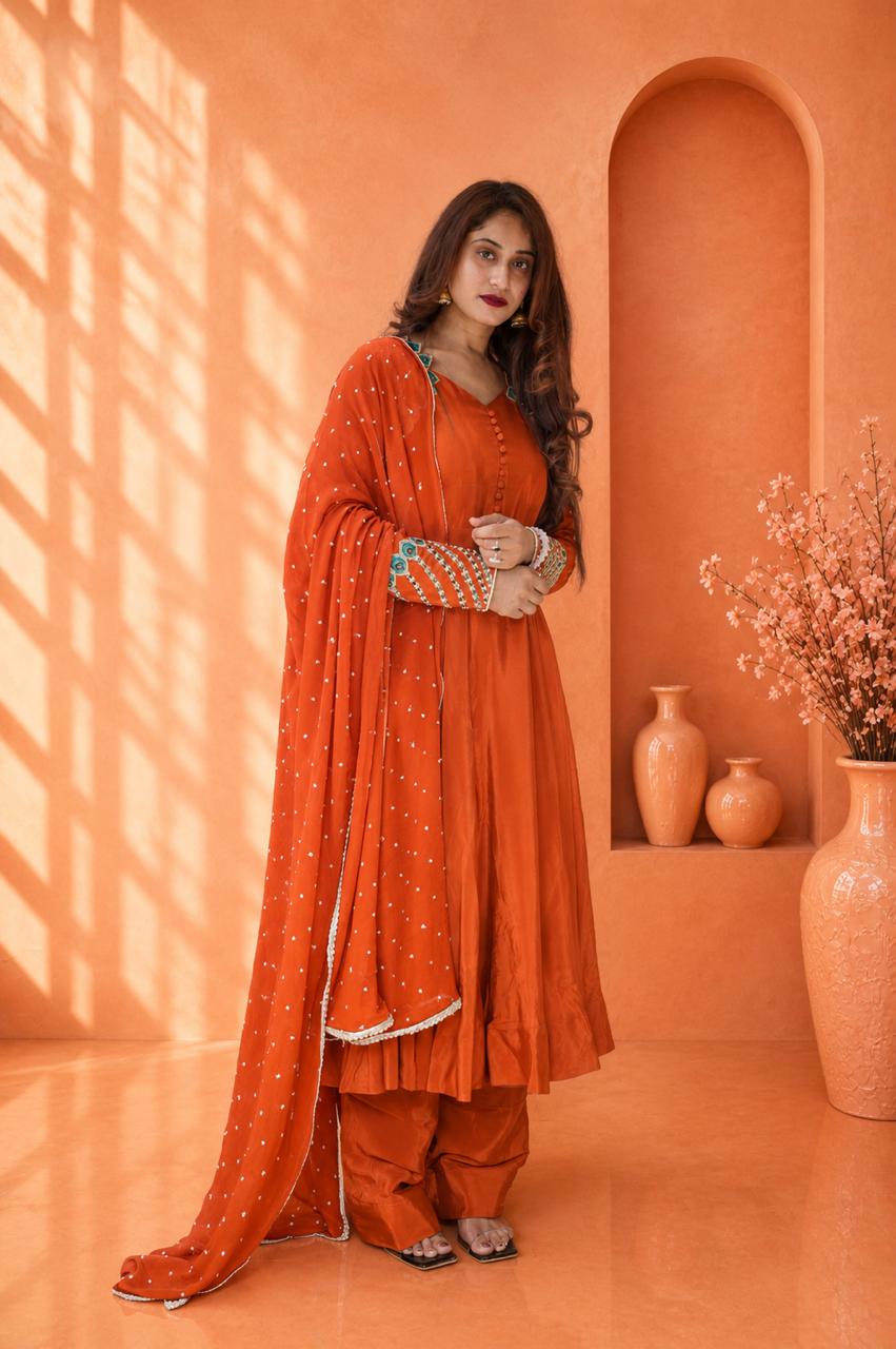 Rust orange embroidered kurta pant set with matching dupatta for women