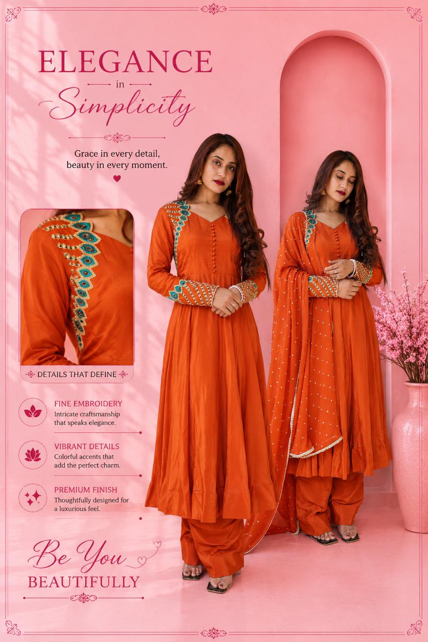 Rust orange embroidered kurta pant set with matching dupatta and detailed neckline for women