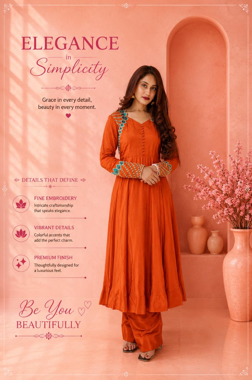 Rust orange embroidered kurta pant set for women featuring turquoise sleeve and neckline detailing