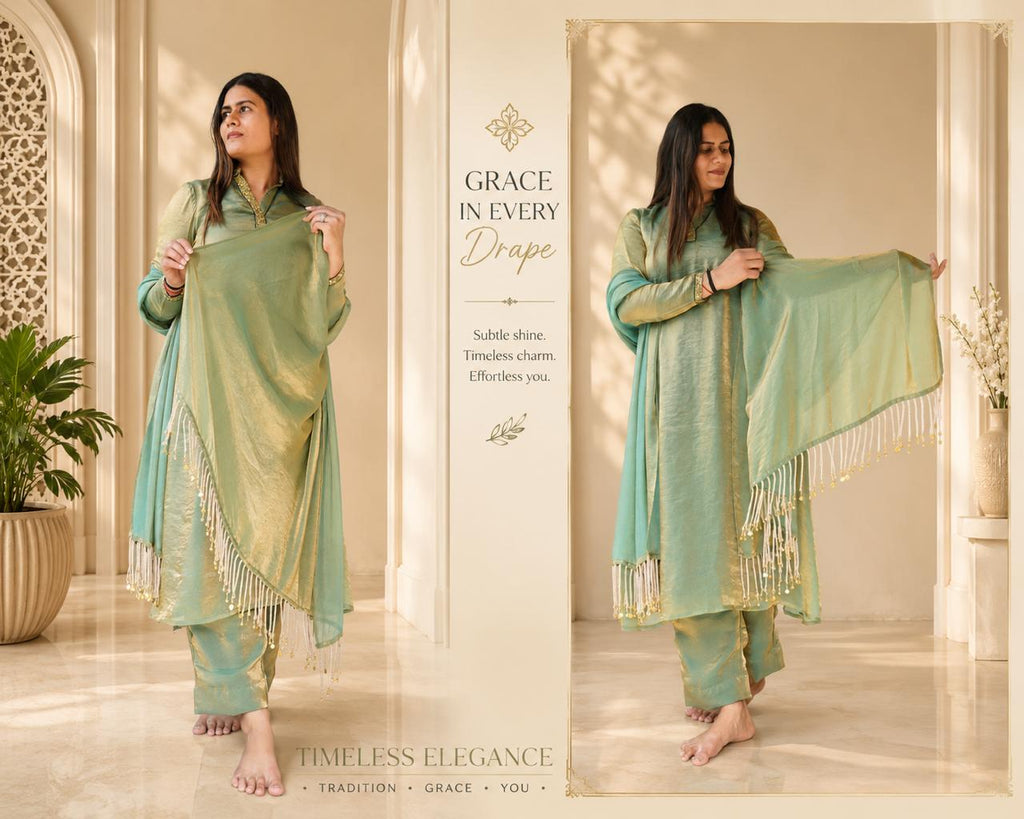 Sage green kurta pant set with matching dupatta and tassel detailing