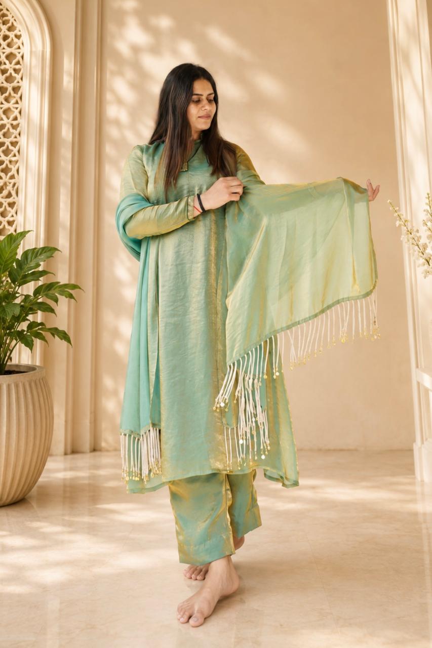 Sage green embroidered kurta pant set with fringed dupatta