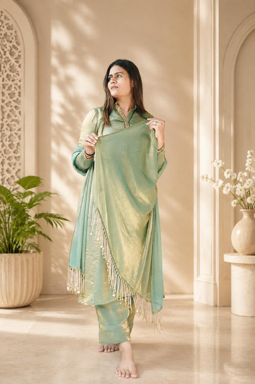Sage green kurta pant and dupatta set for women