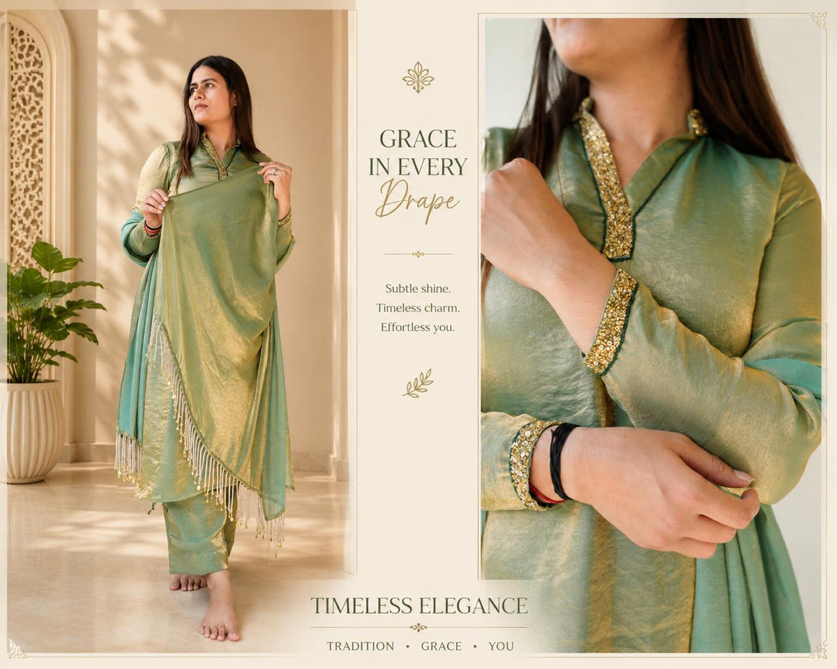 Sage green kurta set with embroidered neckline and sleeve detailing