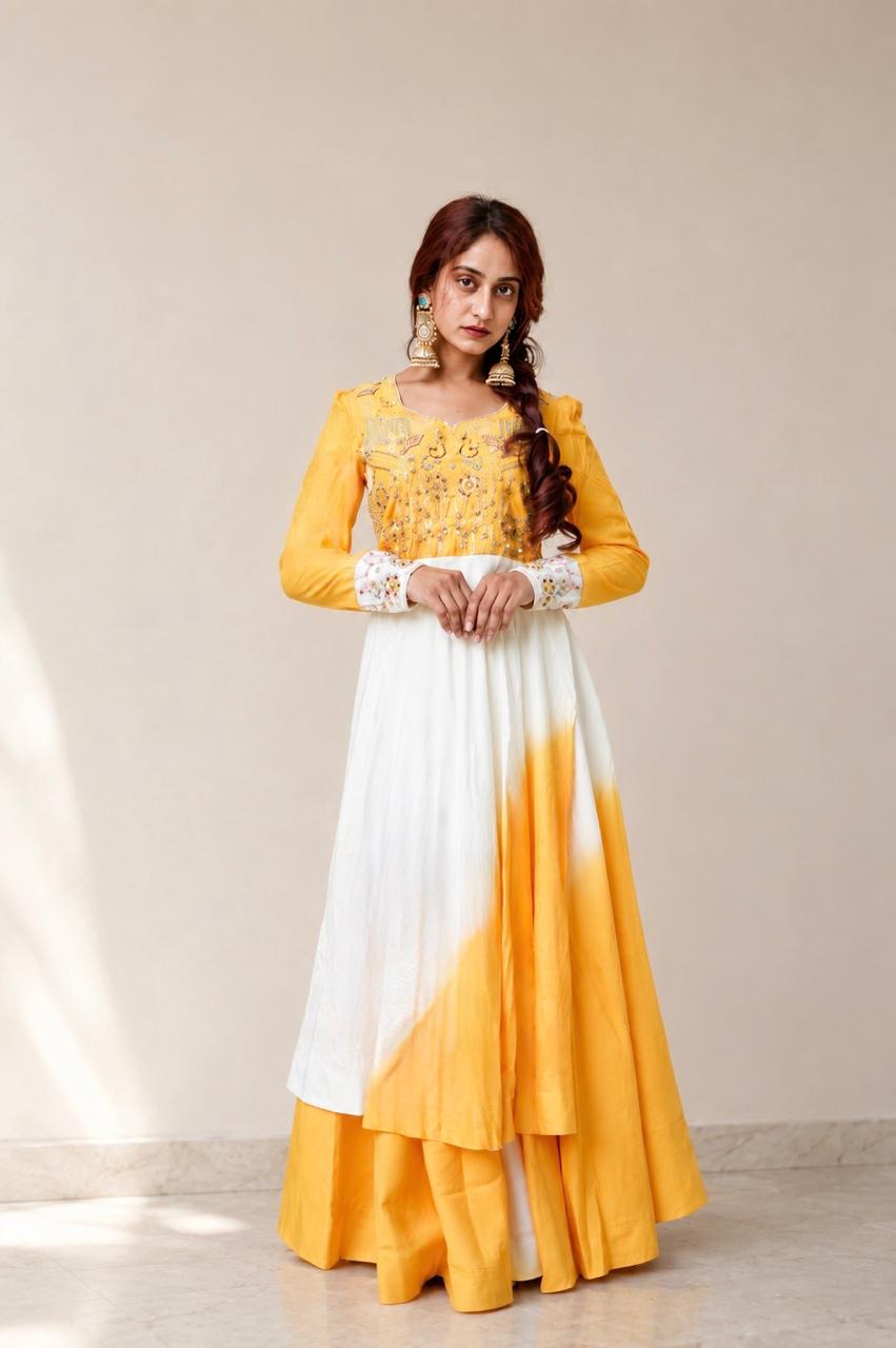 Mustard Yellow Embroidered Anarkali Dress with White Dupatta