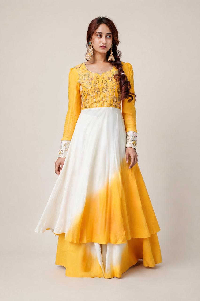 Mustard Yellow Embroidered Anarkali Dress with White Dupatta