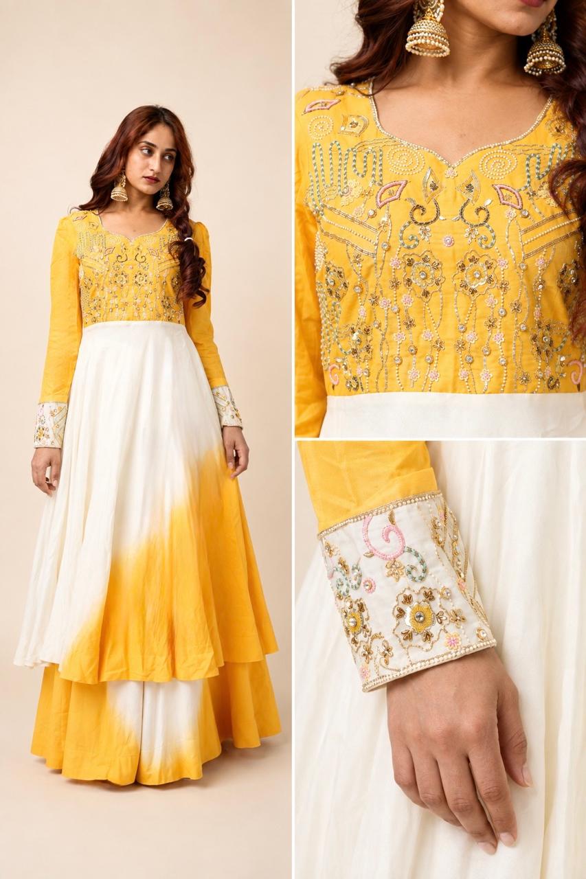 Mustard Yellow Embroidered Anarkali Dress with White Dupatta