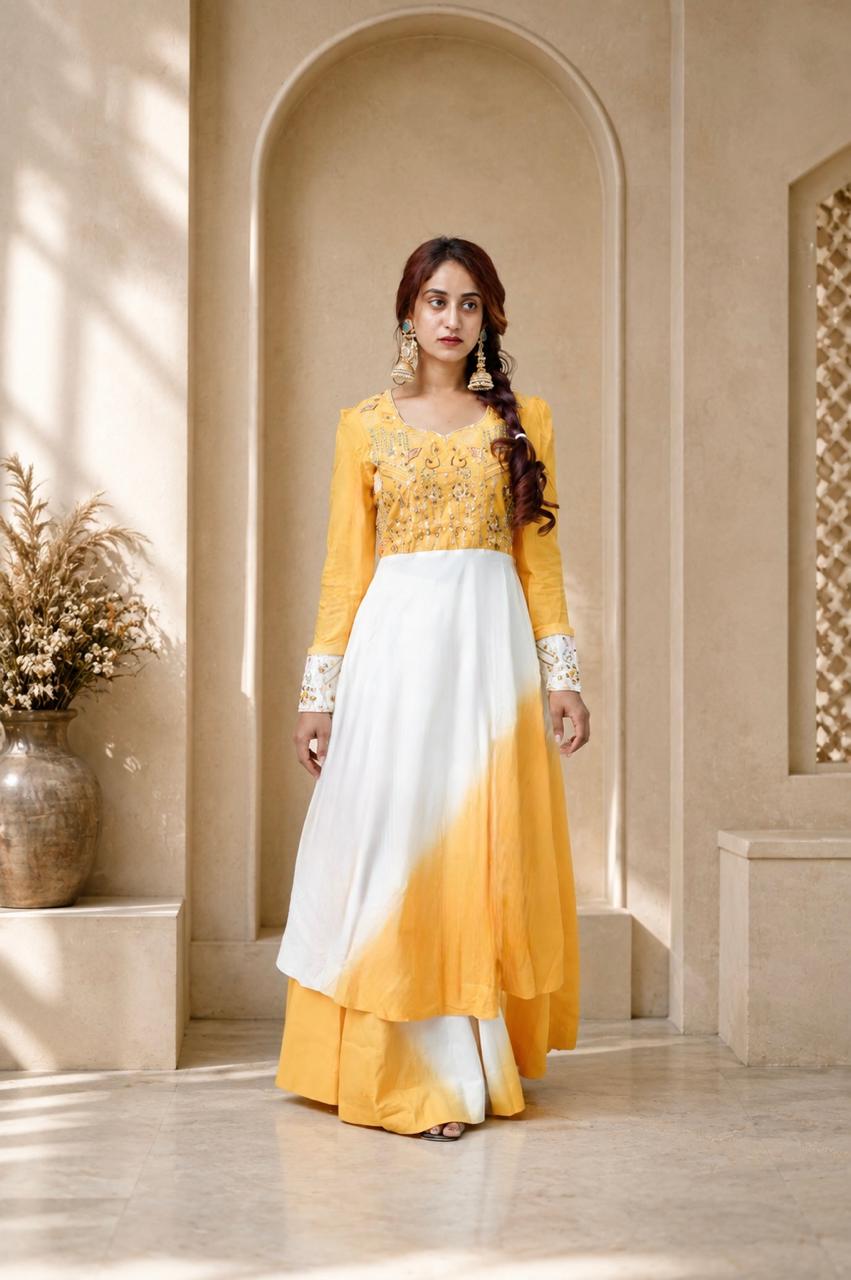 Mustard Yellow Embroidered Anarkali Dress with White Dupatta
