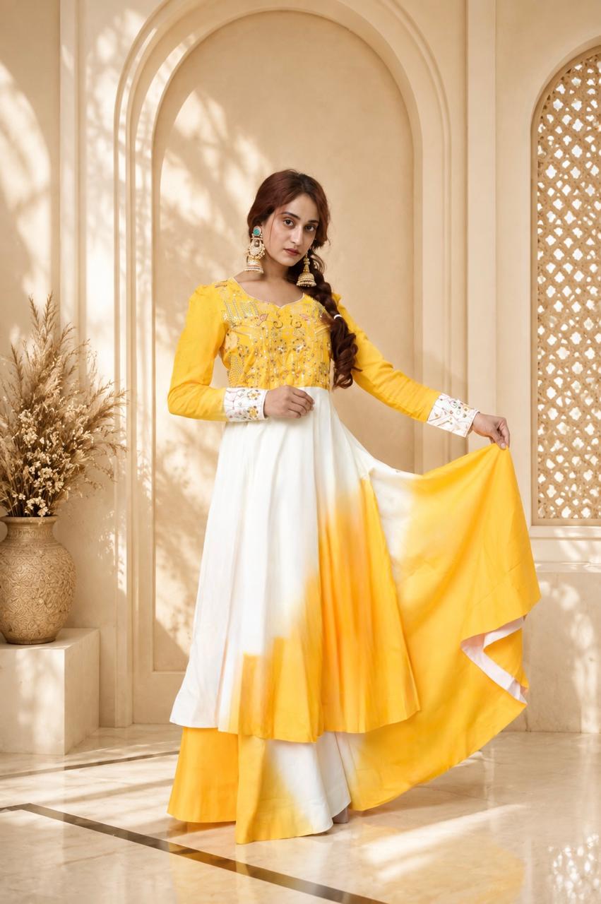 Mustard Yellow Embroidered Anarkali Dress with White Dupatta
