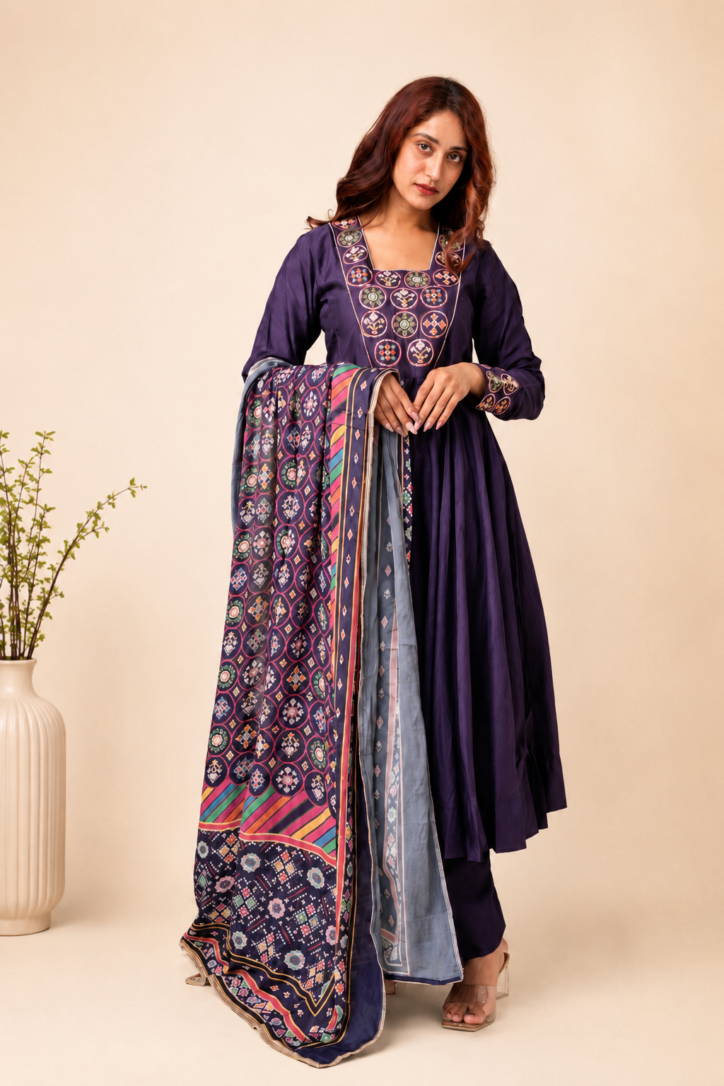 Royal Purple Embroidered Anarkali Suit with Printed Dupatta